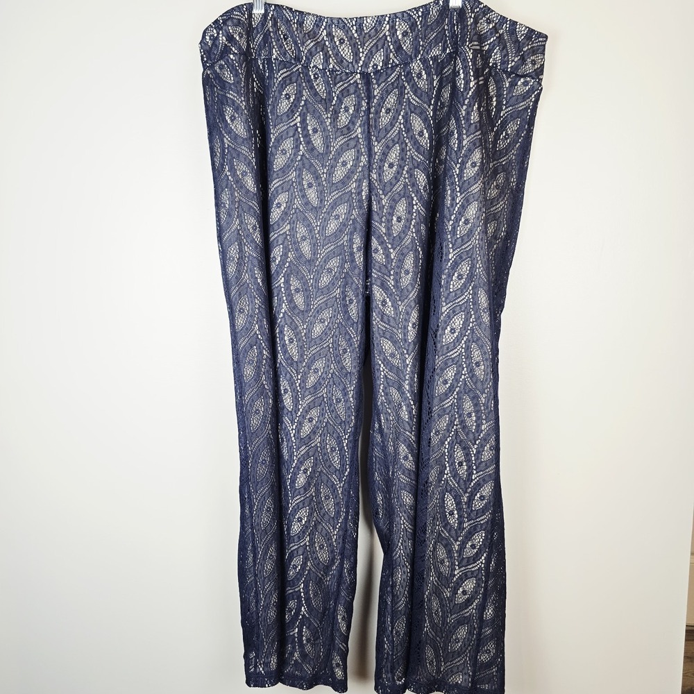 Cato Boho Hippie Chic Wide Leg Crochet Lined Pants Navy Cream 26/28W Beach.D25